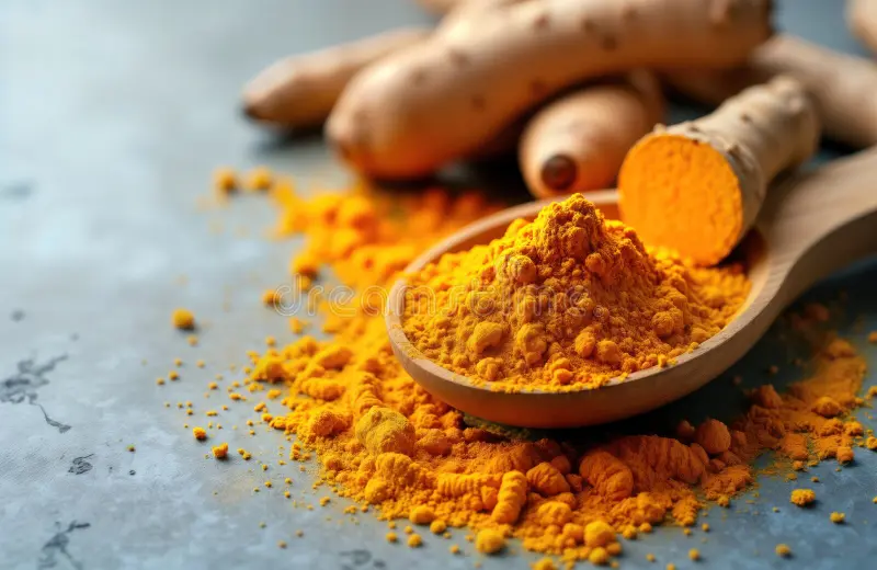 A close-up of bright yellow turmeric powder on a wooden spoon, with a piece of fresh turmeric root beside it.